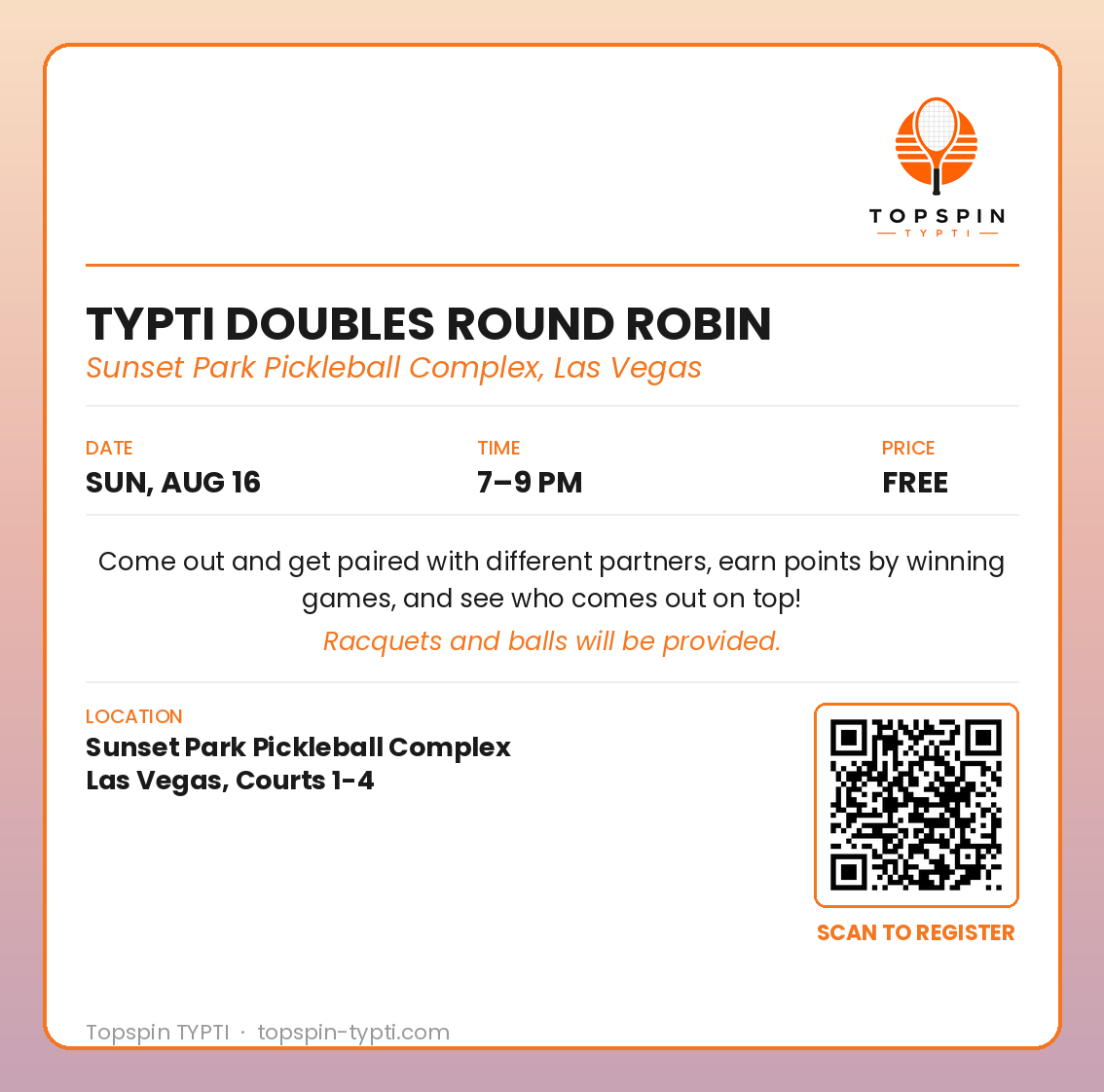 TYPTI Doubles Round Robin flyer &mdash; Sunset Park Pickleball Complex, Las Vegas, Sunday August 16, 7-9 PM
