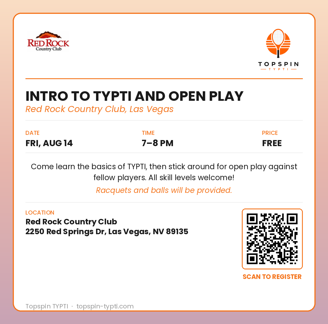 Intro to TYPTI and Open Play flyer &mdash; Red Rock Country Club, Las Vegas, Friday August 14, 7-8 PM