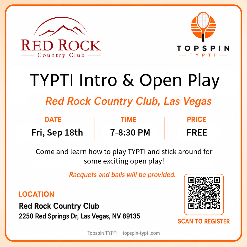 Intro to TYPTI and Open Play flyer &mdash; Red Rock Country Club, Las Vegas, Friday September 18, 7-8:30 PM